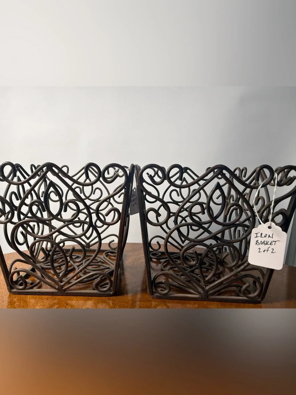 Set of 2 Ornate Decorative Iron Baskets - Dark Brown